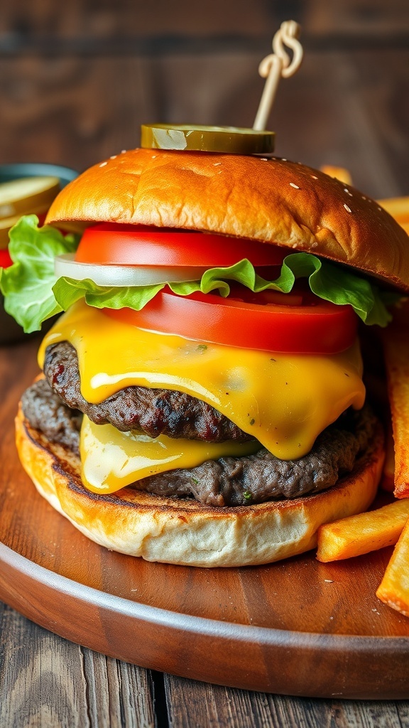 A juicy hamburger with cheese, lettuce, tomato, and onion on a toasted bun with fries on the side.